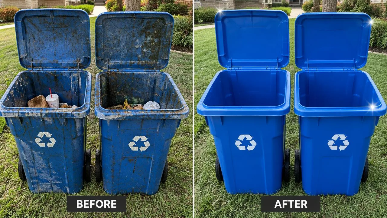 Two blue recycling bins before and after a JTL Bin Cleaning service