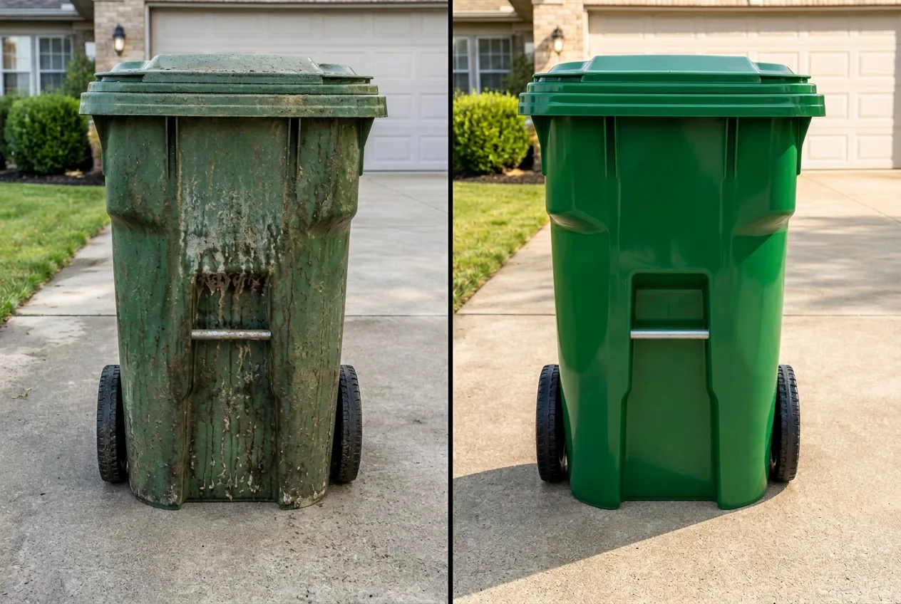 Green wheelie bin before and after a JTL Bin Cleaning service